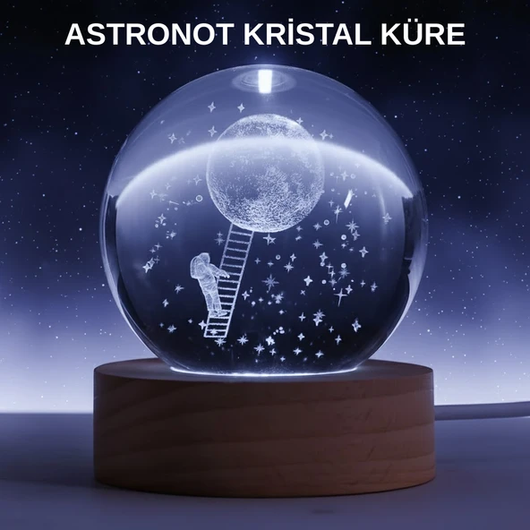 Lazer İşlemeli 3D Astronot Kristal Küre LED Işıklı Uzay Temalı Gece Lambası MİR75432753 ürün görseli 1