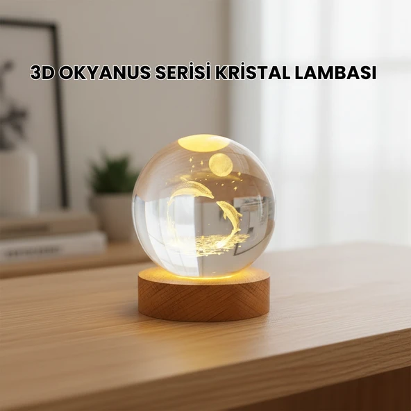 3D Yunus Desenli Kristal Küre Ahşap Tabanlı Işıklı Dekor Objesi MİR27433967 ürün görseli 1