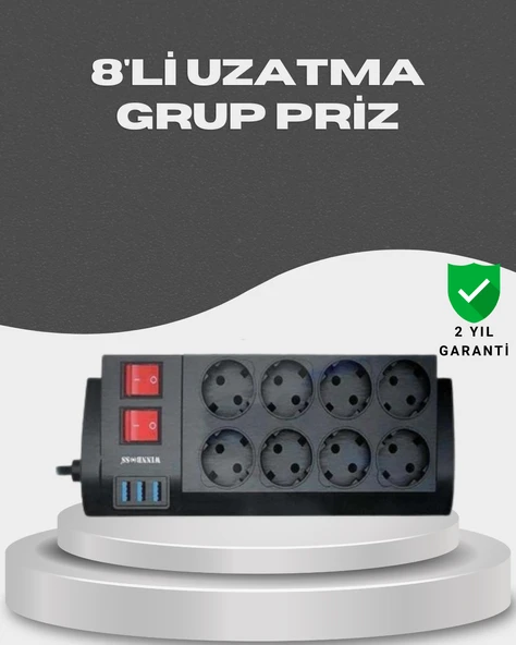 Akım Korumalı 8’li Priz 3 USB’li Uzatma Kablosu Isıya Dayanıklı 2 Metre MİR18209405 ürün görseli 1
