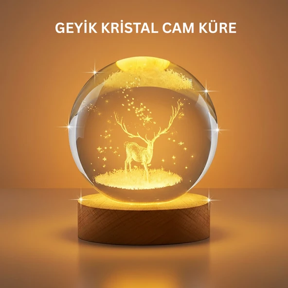 3D Geyik Desenli Kristal Küre USB Işıklı Ahşap Tabanlı Oda Lambası MİR97531919 ürün görseli 1
