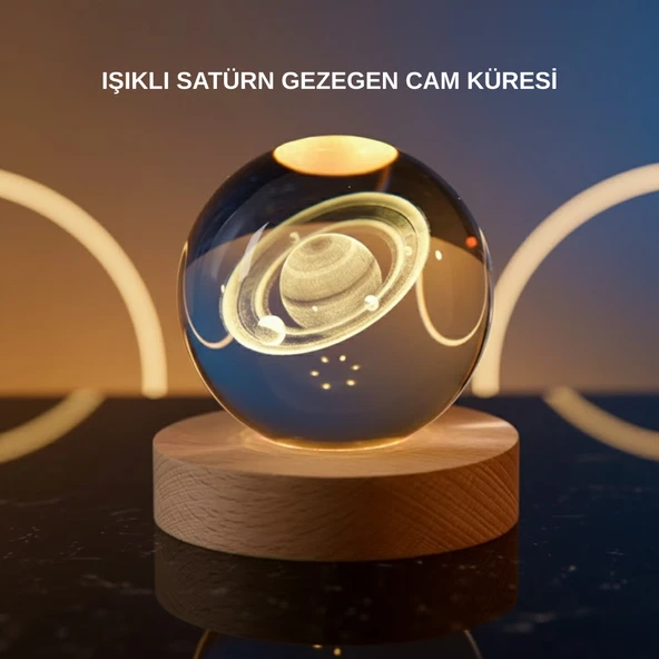 3D Satürn Gravürlü Kristal Küre Dekoratif LED Işıklı Gece Lambası MİR62716771 ürün görseli 1