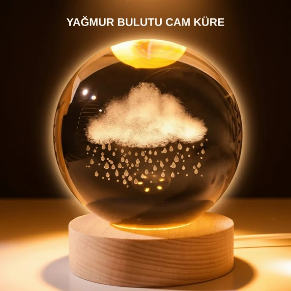 USB LED 3D Yağmur Bulutu Kristal Küre Sıcak Işıklı Ahşap Standlı Gece Lambası MİR65710067 ürün görseli 1