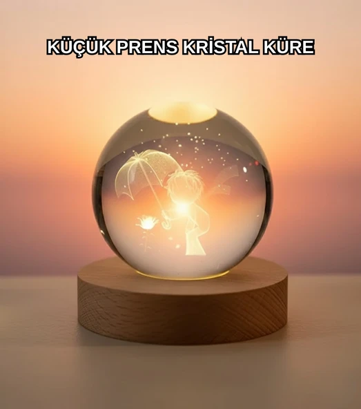 Masif Ahşap Standlı 3D Küçük Prens Kristal Top USB Gece Lambası Sıcak Işık MİR42609527 ürün görseli 1