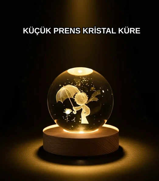 8 cm Küçük Prens 3D Kristal Küre USB Işıklı Ahşap Altlıklı Dekoratif Lamba MİR54243816 ürün görseli 1
