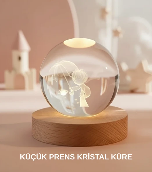 Küçük Prens Figürlü 3D Kristal Top Sıcak Işıklı USB Ahşap Tabanlı Dekor Lamba MİR47075723 ürün görseli 1