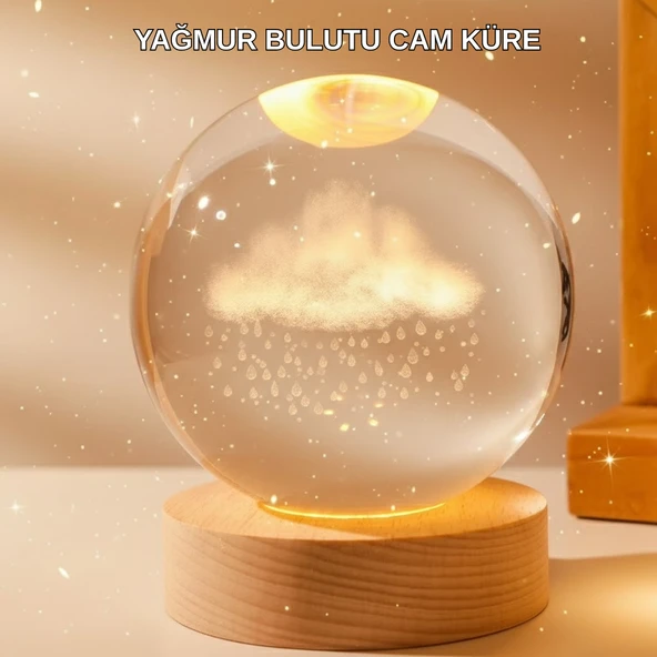 8 cm 3D Yağmur Bulutu Kristal Küre LED Gece Lambası Ahşap Standlı Tasarım Lamba MİR10987196 ürün görseli 1