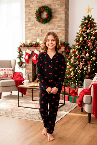 Kız Çocuk Kalp Baskılı Kadife/Süet Pijama Takımı -12490 ürün görseli 1