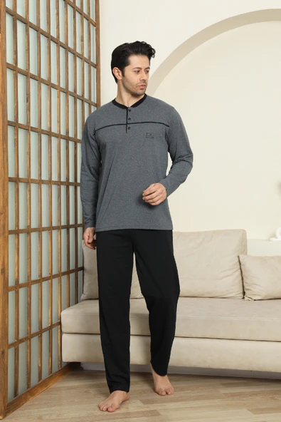 Erkek %100 Pamuklu Pijama Takımı-Robalı ve 3 Düğmeli-12489 ürün görseli 1