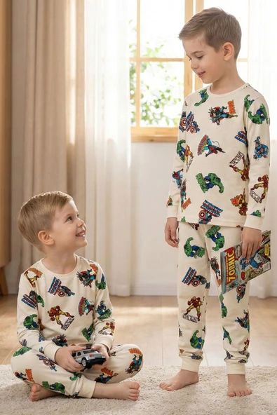 Süper Kahramanlar Desenli %100 Pamuk Beyaz Erkek Çocuk Pijama Takımı ürün görseli 1