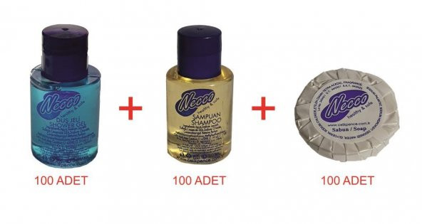 NECCO Otel Tipi 100 Ad.  Duş Şampuanı + 100 Ad. Duş Jeli + 100 Ad. Banyo Sabunu ürün görseli 1