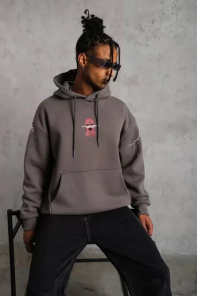 Erkek Maske Baskılı Kapüşonlu Sweat - Gri - Resim 3