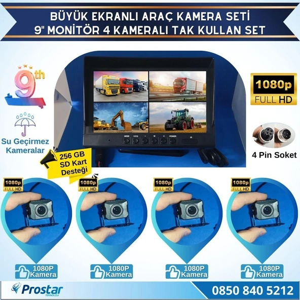 Kayıtlı 9" Monitörlü Ahd 1080P 4 Kameralı 256Gb Sd Destekli 4Pin Tak Kullan Kamera Seti ürün görseli 1