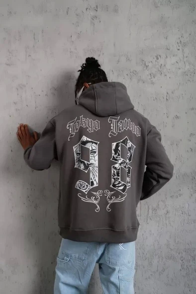 Erkek 98 Baskılı Kapşonlu Sweat - Gri ürün görseli 1
