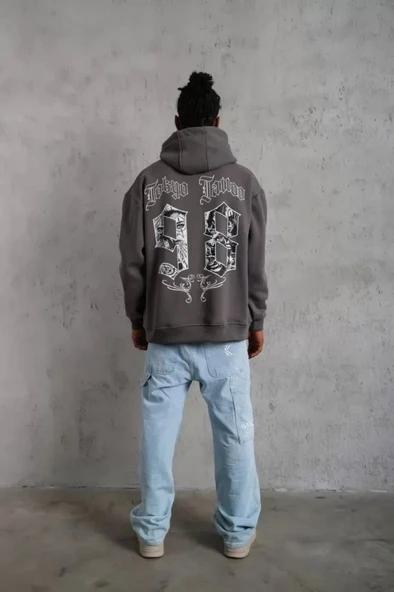 Erkek 98 Baskılı Kapşonlu Sweat - Gri - Resim 4