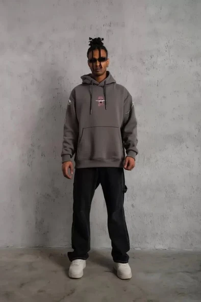 Erkek Maske Baskılı Kapüşonlu Sweat - Gri - Resim 4