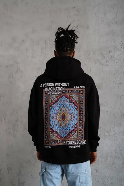 Erkek Kilim Desen Kapüşonlu - Siyah ürün görseli 1