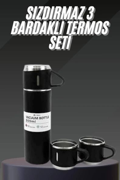 Termos Seti Paslanmaz Çelik 3 Bardaklı Vakumlu Termos Set 500 Ml 12 Saate Kadar Isı Koruma ürün görseli 1