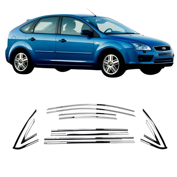 Ford Focus 2 HB 2005-2011 Cam Çerçevesi 12 Parça  Komple Set Paslanmaz Krom ürün görseli 1