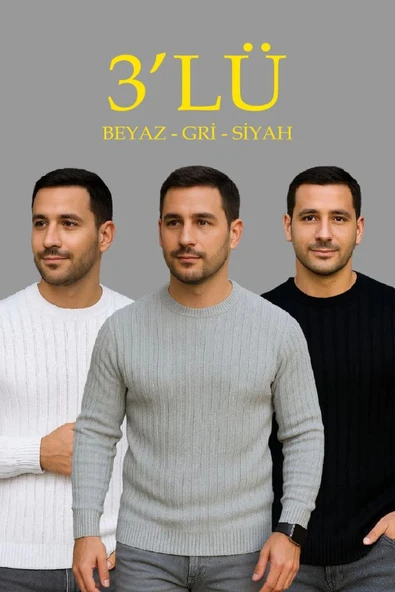 Erkek Fitilli Triko Kazak 3’lü Set – Beyaz, Gri, SiyahKalın Dokuma Pamuklu Regular Fit Bisiklet Yaka Uzun Kollu Kışlık Ve Baharlık Rahat Triko Kombini ürün görseli 1