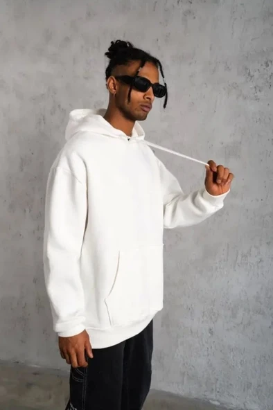 3 İplik Kapşonlu Sweatshirt Hoodie - Beyaz ürün görseli 1