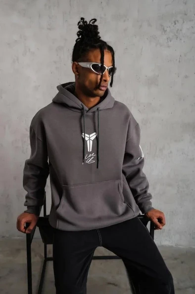 Erkek Baskılı Kapüşonlu Sweat - Gri - Resim 4
