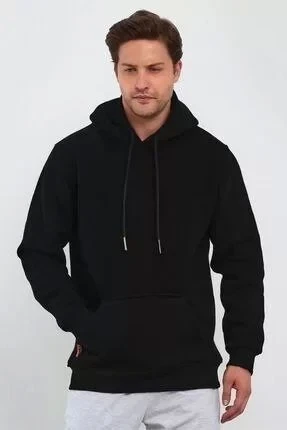 Erkek Uzun Kol Kapşonlu Basic Sweatshirt Hoodie - Siyah ürün görseli 1