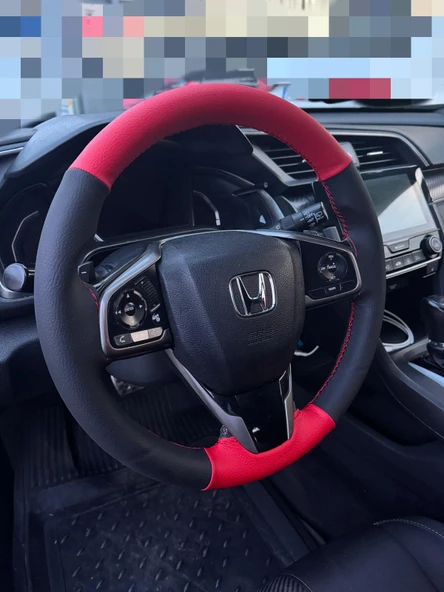 DİKİŞLİ DİREKSİYON KILIFI KIRMIZI / SİYAH DERİ KIRMIZI DİKİŞLİ HONDA CİVİC 2017-2025 ARASI İÇİN ürün görseli 1