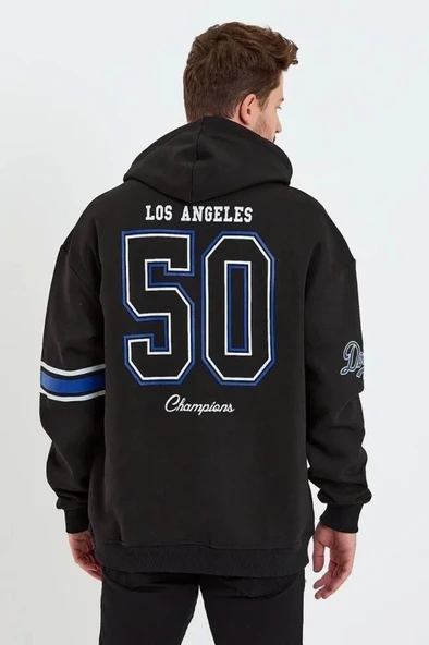 Erkek Baskılı Kapşonlu Üç Iplik Oversize Sweatshirt - Siyah ürün görseli 1