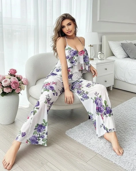 Bicomi Özel Tasarım Büyük Beden Çiçek Desenli Fırfırlı 2li Pijama Takımı ürün görseli 1