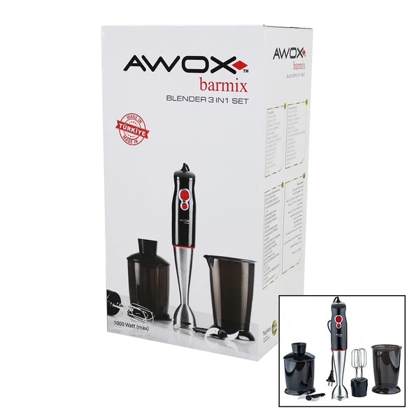 AWOX BARMİX  3İN1  BLENDER SETİ  ÇELİK 2Lİ MİKSER   ÇELİK RONDO BIÇAK   ÇELİK 4 KANATLI BIÇAK   1000W (Timya/Go1395)  197518 ürün görseli 1