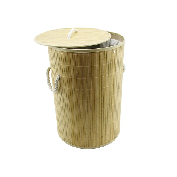 YUVARLAK BAMBU AHŞAP KİRLİ ÇAMAŞIR SEPETİ 35X60CM SEYYAR KAPAKLI İÇİ BEZLİ İP KULPLU (Timya/Go1395)  198692 ürün görseli 1