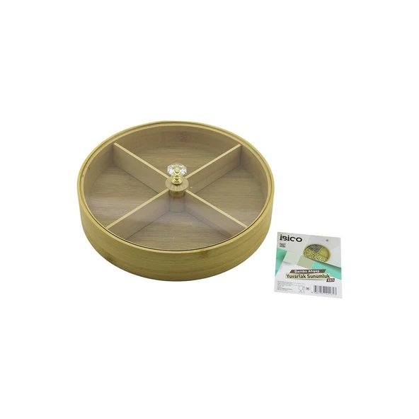 YUVARLAK 4 BÖLMELİ=2IN1=BÖLMESİZ ÇOK AMAÇLI KUTU AHŞAP BAMBU SERVİS SUNUM TEPSİ - TAHTASI 22CM (Timya/Go1395)  199698 ürün görseli 1