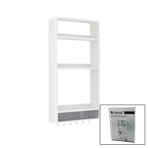 BEYAZ YAPIŞKANLI DUVAR ORGANİZERİ PLASTİK 3 RAF=14CM-19CM-30CM - 2 ÇEKMECE=40CM - 6 ASKI 19 PARÇA (Timya/Go1395)  199211 ürün görseli 1