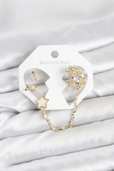 Pirinç Gold Renk Yıldız Model Zincir Bağlantılı Ear Cuff Küpe Seti - TJ-BKP11538 ürün görseli 1