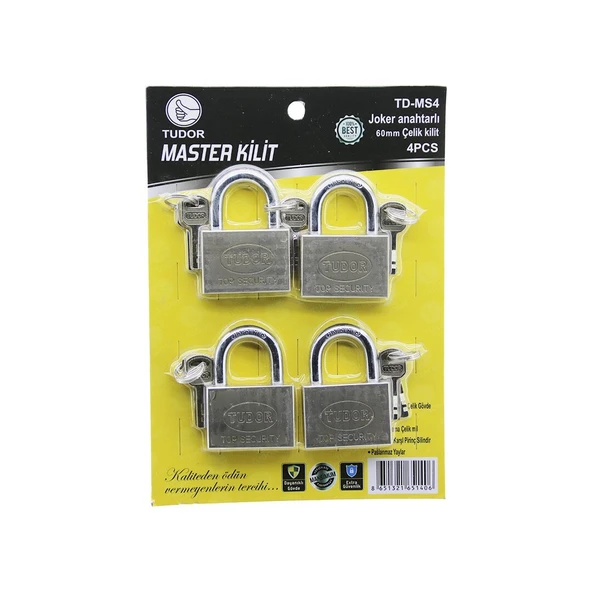 TUDOR TD-MS4 MASTER 4PCS JOKER ANAHTARLI=TEK ANAHTARLA 4 KİLİT AÇ  60MM - GRİ KISA KANCALI ÇELİK ASMA KİLİT (Timya/Go1395)  202608 ürün görseli 1