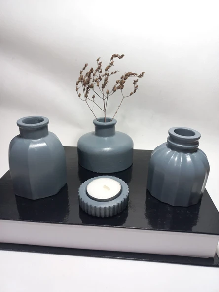 Modern Minimal Vazo Set 3'lü, Ev & Ofis Hediyelik, Dekoratif Obje, Gri ürün görseli 1