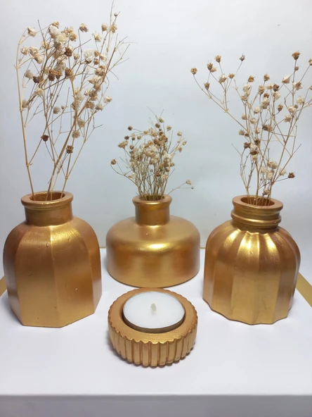 Modern Minimal Vazo Set 3'lü, Ev & Ofis Hediyelik, Dekoratif Obje, Antiquity Gold ürün görseli 1
