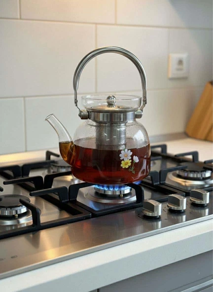Cam Demlik 1200 ml – Çelik Süzgeçli Bitki Çay Demliği (Ocakta Kullanılır) ürün görseli 1