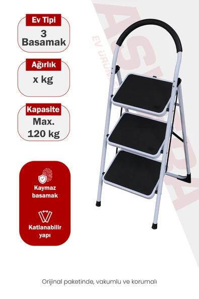 Asvera Vertika 3 Basamaklı Beyaz Geniş Basamaklı Ev Tipi Merdiven - Süngerli Tutma Kollu Merdiven ürün görseli 1