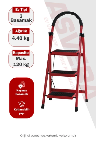 Asvera Patika 3 Basamaklı Kırmızı Ev Tipi Merdiven - Dekoratif Kaymaz Basamaklı Sağlam Merdiven ürün görseli 1
