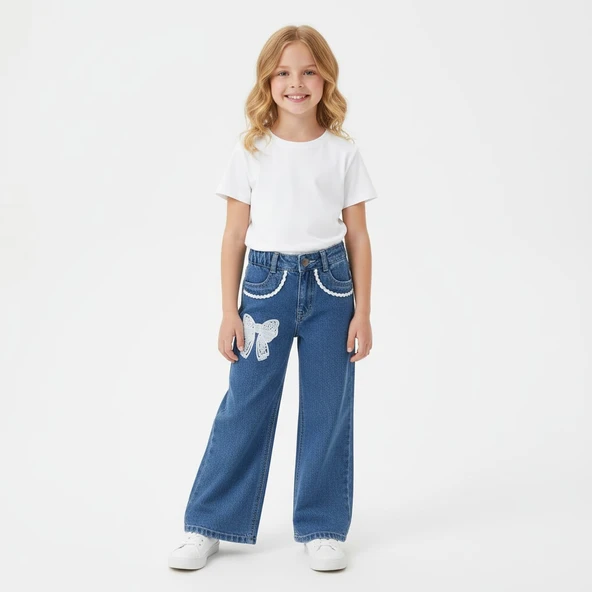 Fiyonk Nakışlı Geniş Paça Kot Pantolon ürün görseli 1
