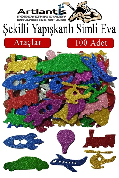 Şekilli Simli Eva Yapışkanlı Araçlar 100 lü 1 Paket Kendinden Yapışkanlı Simli Eva Sticker Okul Öncesi Kreş Ana Sınıfı ürün görseli 1