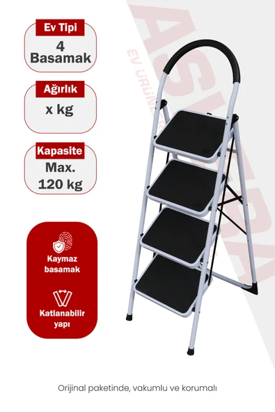 Asvera Vertika 4 Basamaklı Beyaz Geniş Basamaklı Ev Tipi Merdiven - Süngerli Tutma Kollu Merdiven ürün görseli 1