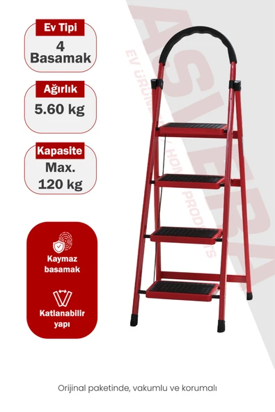 Asvera Patika 4 Basamaklı Kırmızı Ev Tipi Merdiven - Dekoratif Kaymaz Basamaklı Sağlam Merdiven ürün görseli 1
