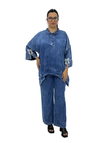 Büyük Beden Denim Tensel İnci Boncuk İşlemeli Kapri Kol Yarım Düğme Detaylı Kadın Takım ürün görseli 1