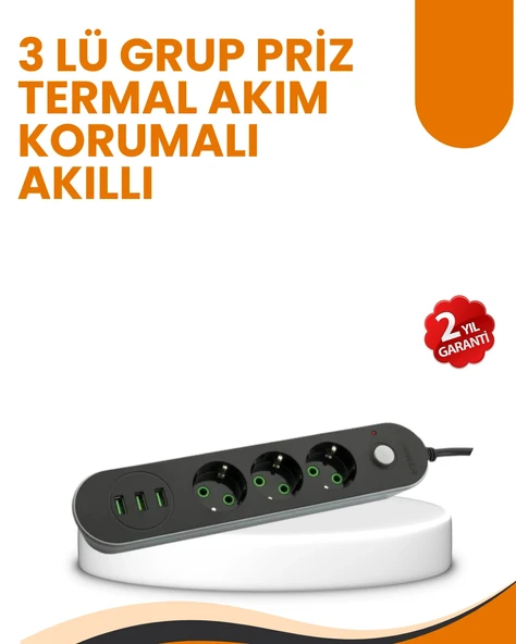 2 Metre Kablolu 3 USB Portlu Anahtarlı Üçlü Priz ürün görseli 1
