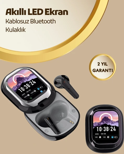 Akıllı Ekranlı Bluetooth 5.4 Kablosuz Kulaklık – Dokunmatik ve Şarj Kutulu ürün görseli 1
