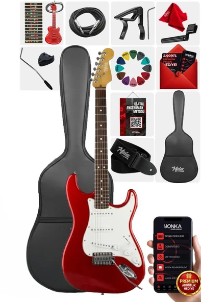 Midex RPH-30WRD Kırmızı Renk Gül Klavye Strat Kasa SSS Elektro Gitar Seti ürün görseli 1