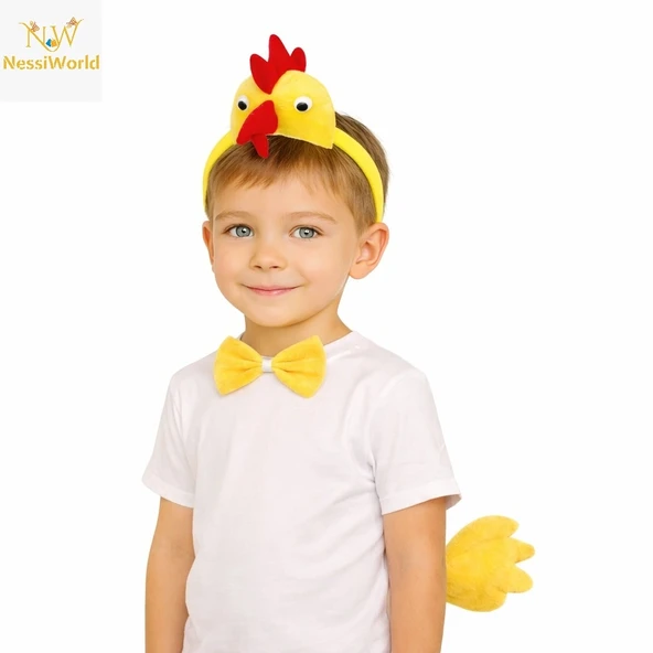 Çocuk Horoz Tavuk Kostüm Seti 3 Parça (Taç + Papyon + Kuyruk) ürün görseli 1
