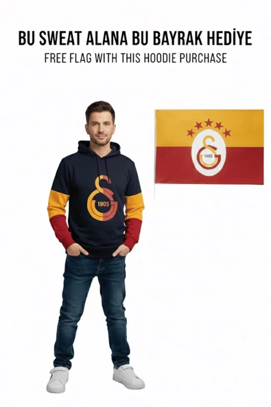 Galatasaray Orijinal Lisanslı Logo Siyah YETİŞKİN Kapüşonlu BAYRAK Hediyeli Sweat ürün görseli 1